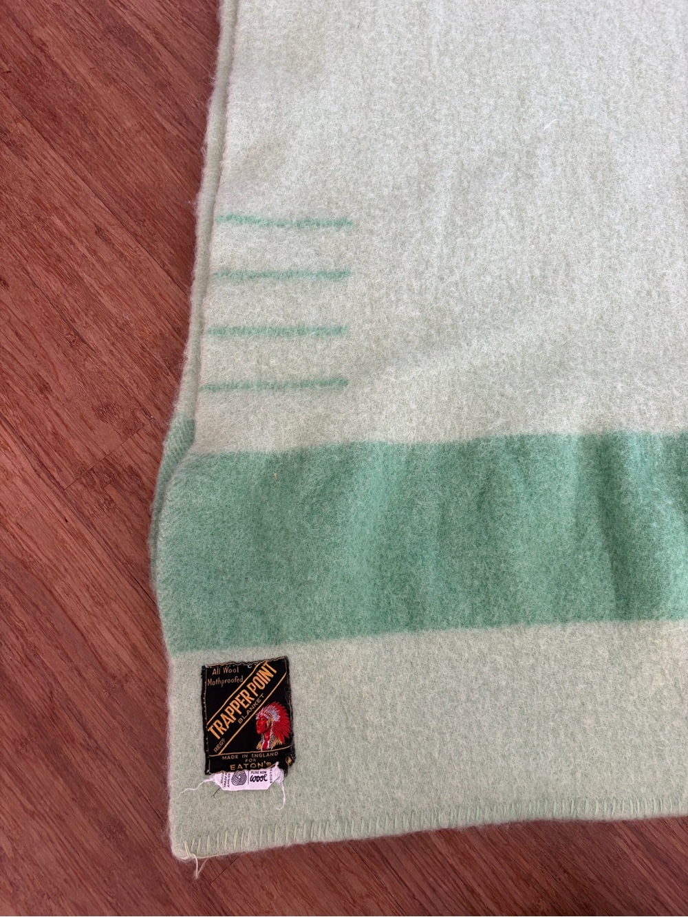 Vtg 100% Wool Trapper 4 Point Green Blanket Made in England for Eatons 61” X 77”